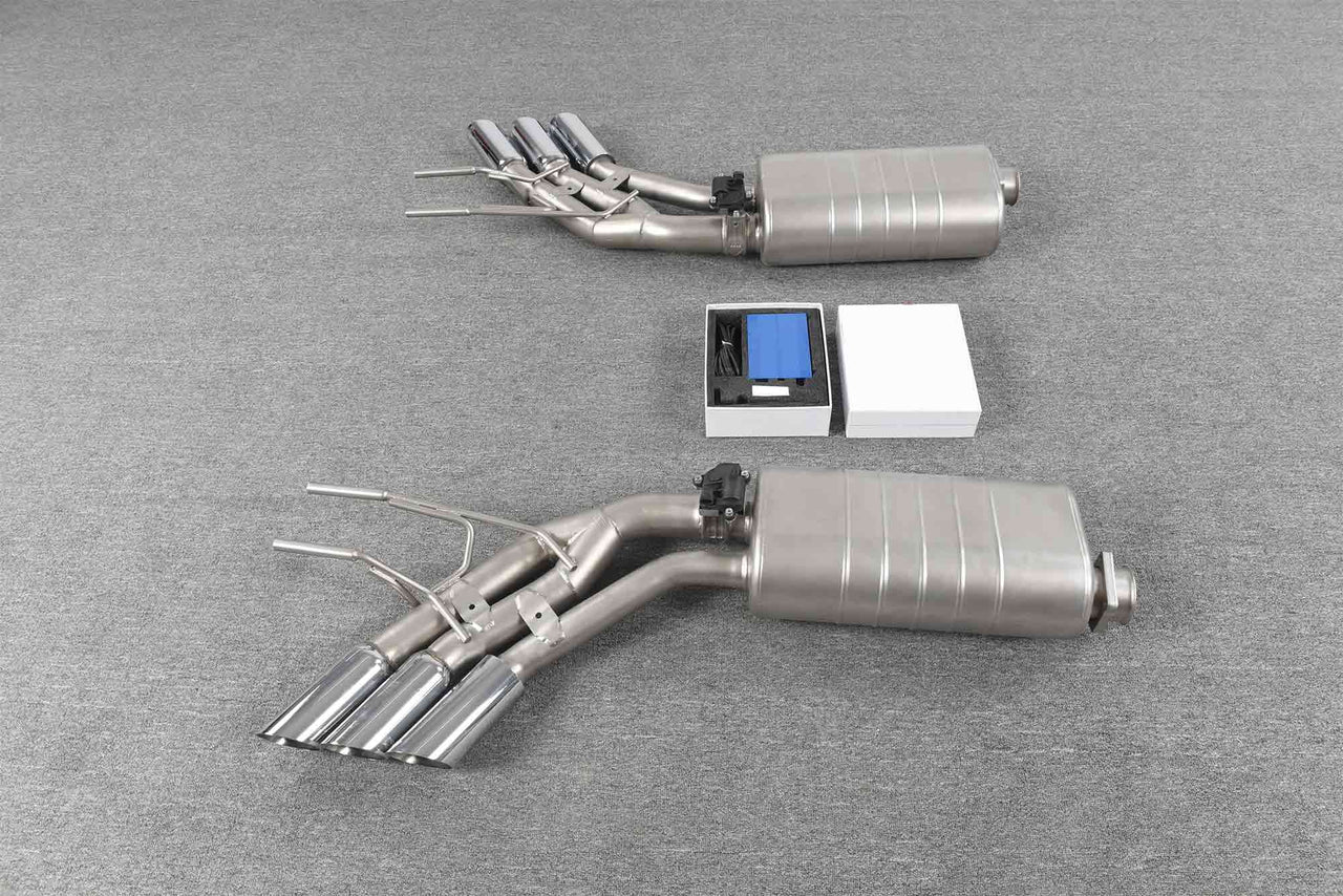 Forza Performance Aggressive sporty sound VALVED EXHAUST CATBACK MUFFLER for Mercedes-Benz G-Class G500

Valved exhaust, meaning that has remote, controlled valves - allowing a switch between an aggressive loud sports sound and a sound that is closer to the OEM sound

Set includes:

Muffles with valves
Exhaust tips

Valve control box with remote control (you may also reuse your factory exhaust valve motors

Factory exhaust tips must be reused

Material: Stainless steel ( for an extra cost we can make titani