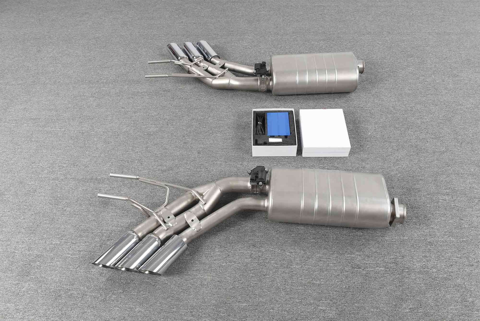 Forza Performance Aggressive sporty sound VALVED EXHAUST CATBACK MUFFLER for Mercedes-Benz G-Class G500

Valved exhaust, meaning that has remote, controlled valves - allowing a switch between an aggressive loud sports sound and a sound that is closer to the OEM sound

Set includes:

Muffles with valves
Exhaust tips

Valve control box with remote control (you may also reuse your factory exhaust valve motors

Factory exhaust tips must be reused

Material: Stainless steel ( for an extra cost we can make titani