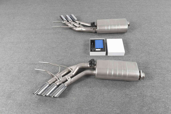 Forza Performance Aggressive sporty sound VALVED EXHAUST CATBACK MUFFLER for Mercedes-Benz G-Class G500

Valved exhaust, meaning that has remote, controlled valves - allowing a switch between an aggressive loud sports sound and a sound that is closer to the OEM sound

Set includes:

Muffles with valves
Exhaust tips

Valve control box with remote control (you may also reuse your factory exhaust valve motors

Factory exhaust tips must be reused

Material: Stainless steel ( for an extra cost we can make titani