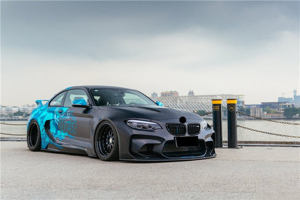 VR Style Wide Carbon Body Kit For BMW M2 F87 2016-2020  Set include:    Hood/Bonnet Front Bumper Rear Bumper Side Skirts Rear Fenders Fender Lines Doors Material: Fiberglass With Carbon, Fiberglass With Forged Carbon